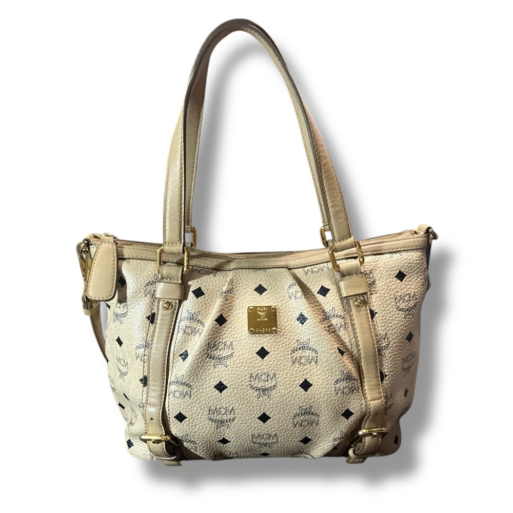 MCM Visetos Medium Joy Tote Bag Beige Coated Canvas Leather Trim w/ Strap